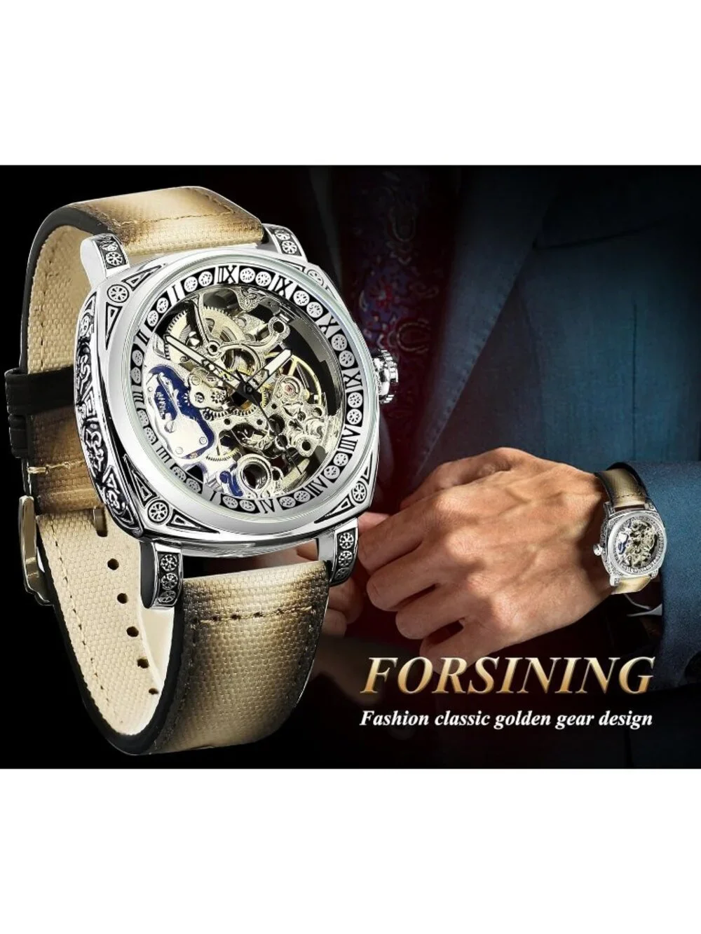 Men's Beige Brown Mechanical Leather Strap Self-Wind Carved Automatic Watch
